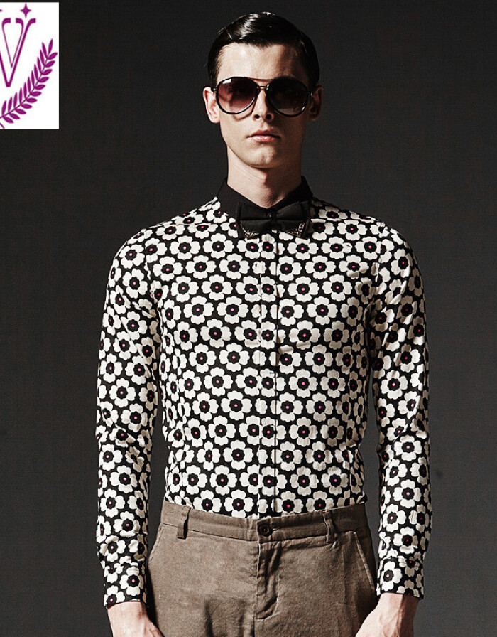 每購EASCO 2015年新款秋冬新款專柜產(chǎn)品 英式時尚梅花印花修身型男長袖襯衫 黑色 XXL